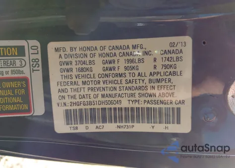 2013 Honda Civic Lx z USA, uszkodzony, nr VIN 2HGFG3B51DH506049